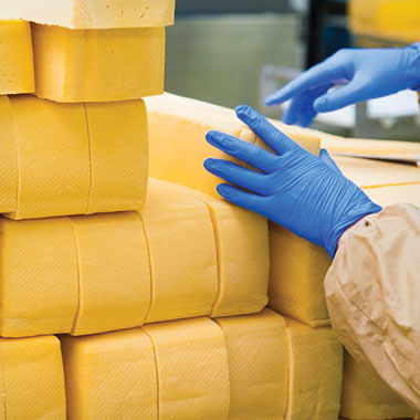 Pracovník stohuje bloky sýra v mlékárně. V mlékárenském průmyslu mohou analyzátory TOC pomoci při monitorování organického odpadu na odtoku a přispět ke snižování výrobních ztrát..